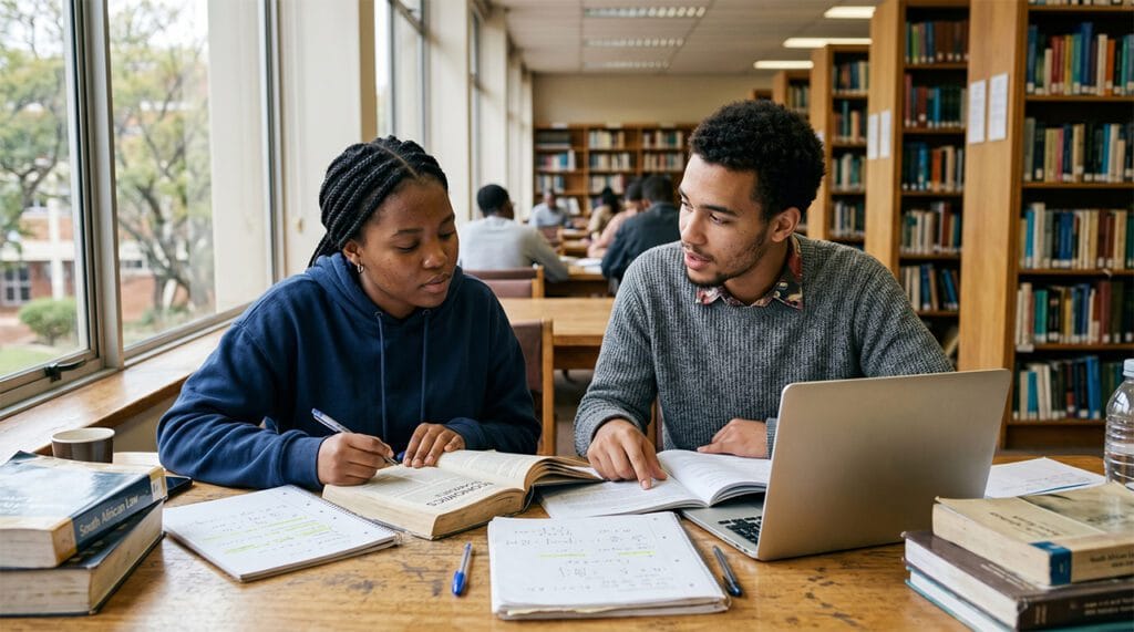 Afrimat Bursary Programme 2026 South African students Actively studying with books, notebooks, and a laptop.