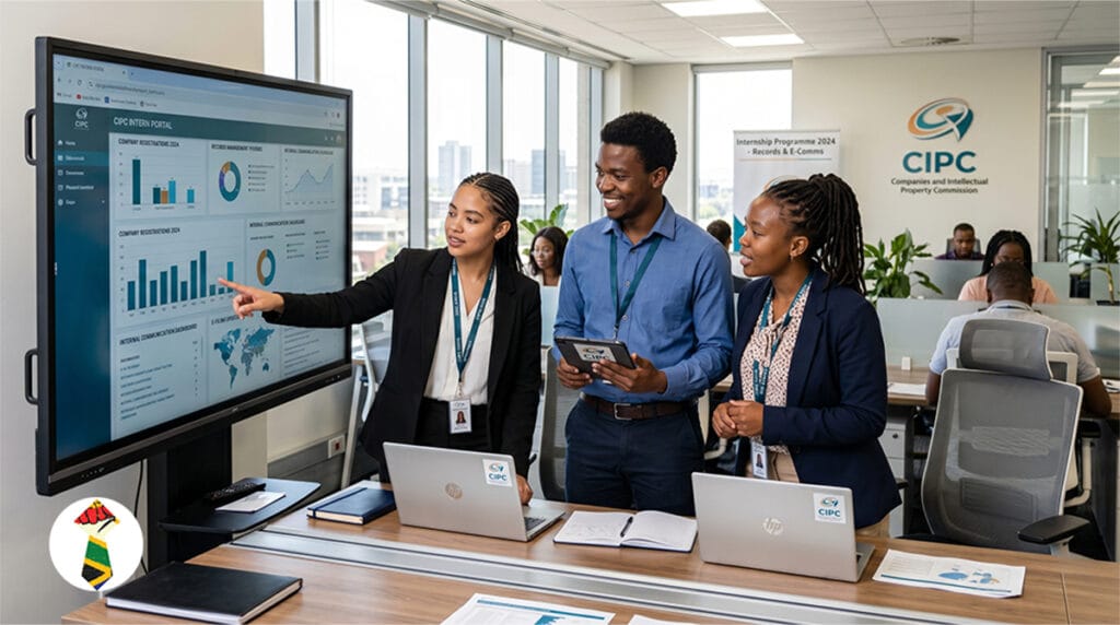 A team of three young South African graduates in professional attire collaborating at the CIPC offices in Sunnyside, Pretoria.