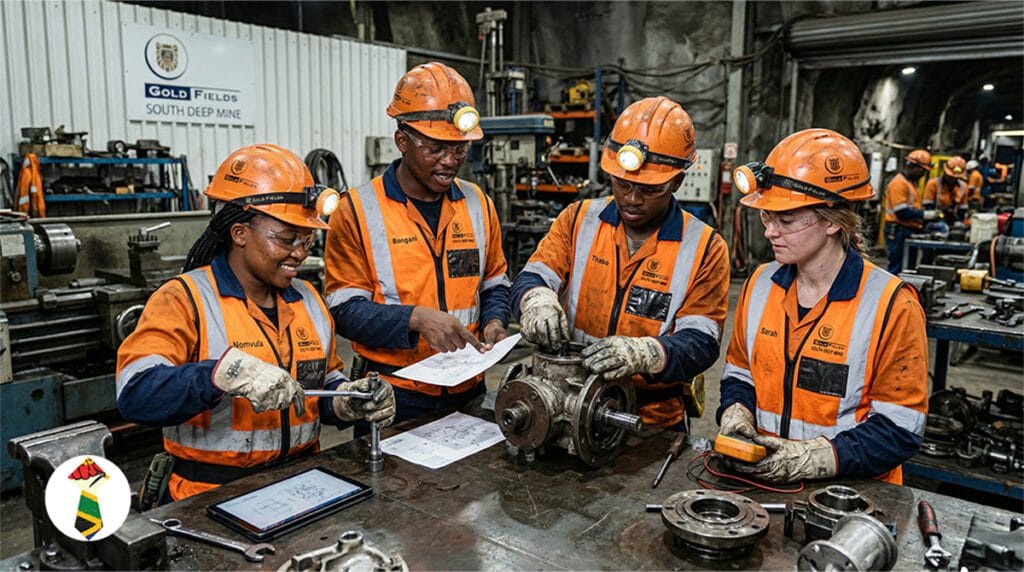 A team of four young South African engineering learners in full mining PPE working at the Gold Fields South Deep Gold Mine.
