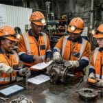 A team of four young South African engineering learners in full mining PPE working at the Gold Fields South Deep Gold Mine.
