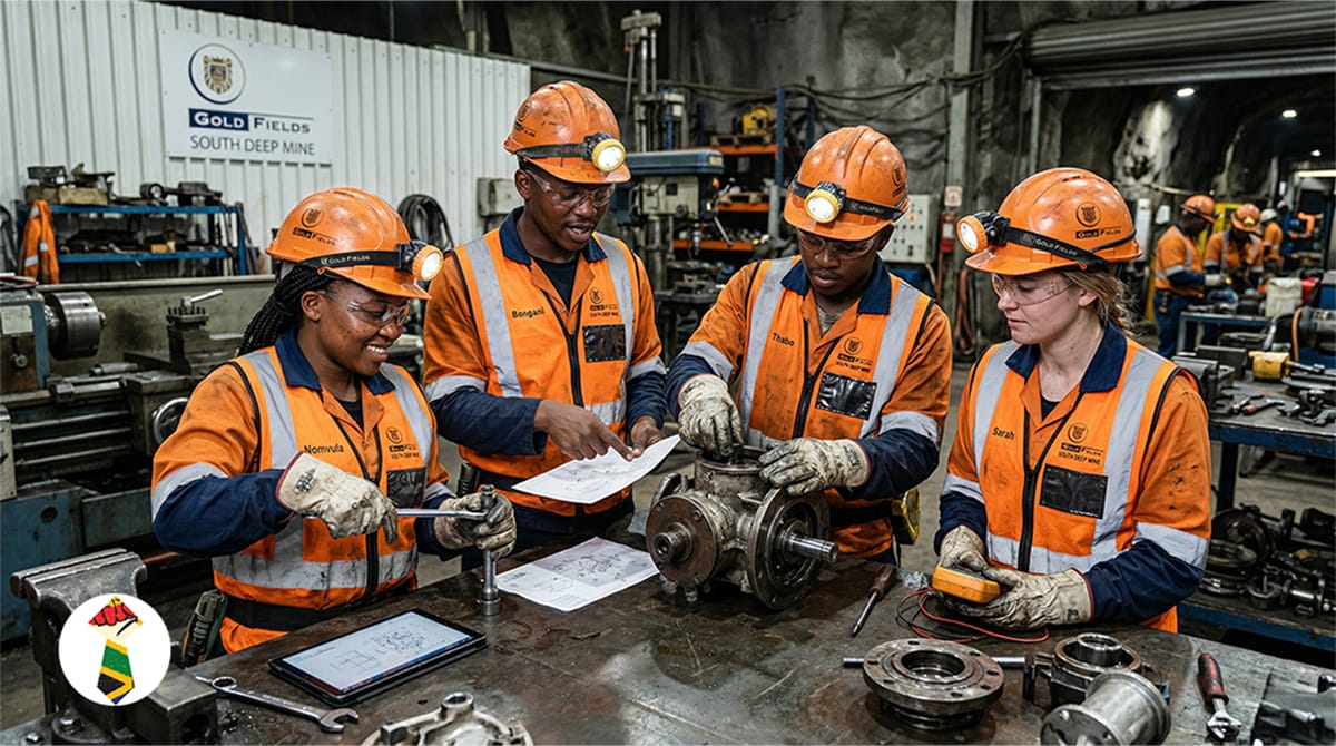 A team of four young South African engineering learners in full mining PPE working at the Gold Fields South Deep Gold Mine.