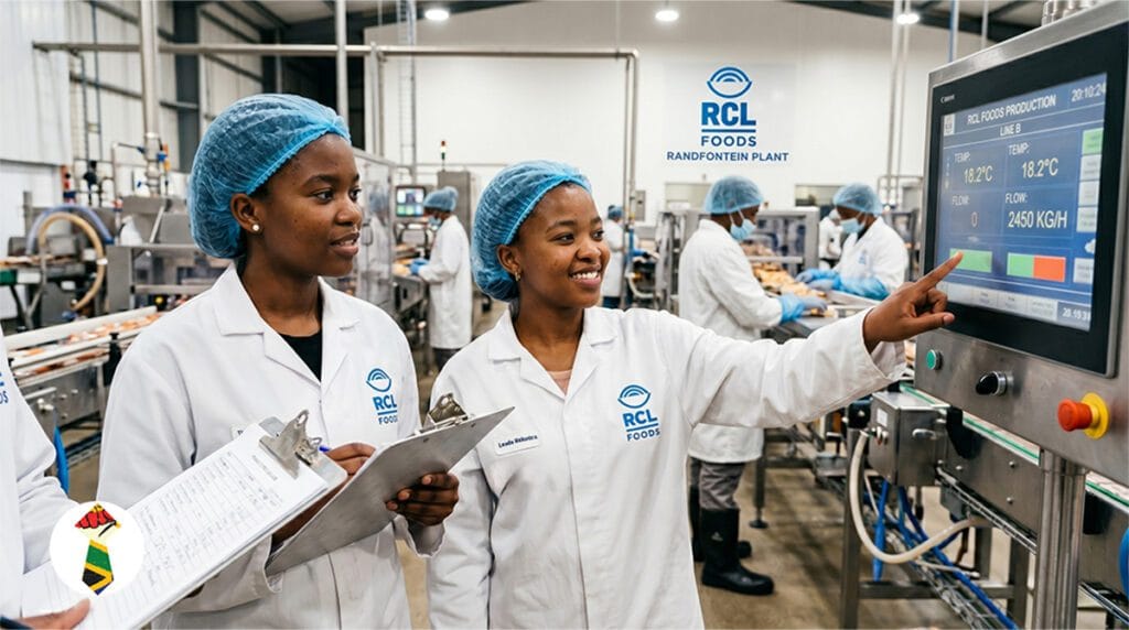 A two of four South African students in white lab coats and hairnets conducting quality tests in an RCL Foods production facility.