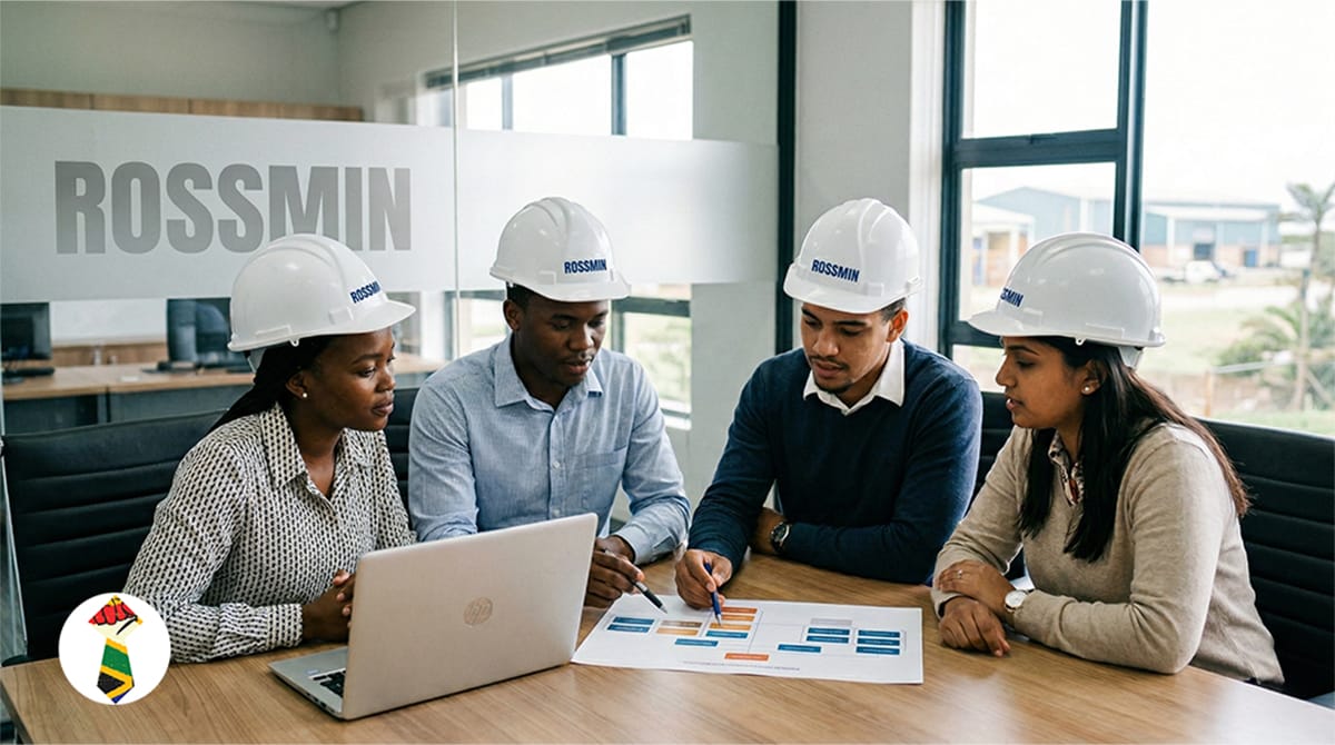 A diverse team of four young South African professionals collaborating in a mining administrative office at ROSSMIN.