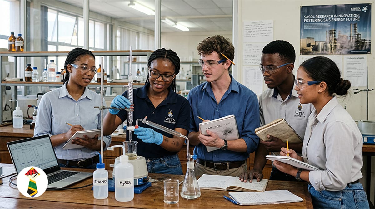 A diverse team of four young South African Sasol bursary students collaborating on an engineering project in a high-tech university laboratory.