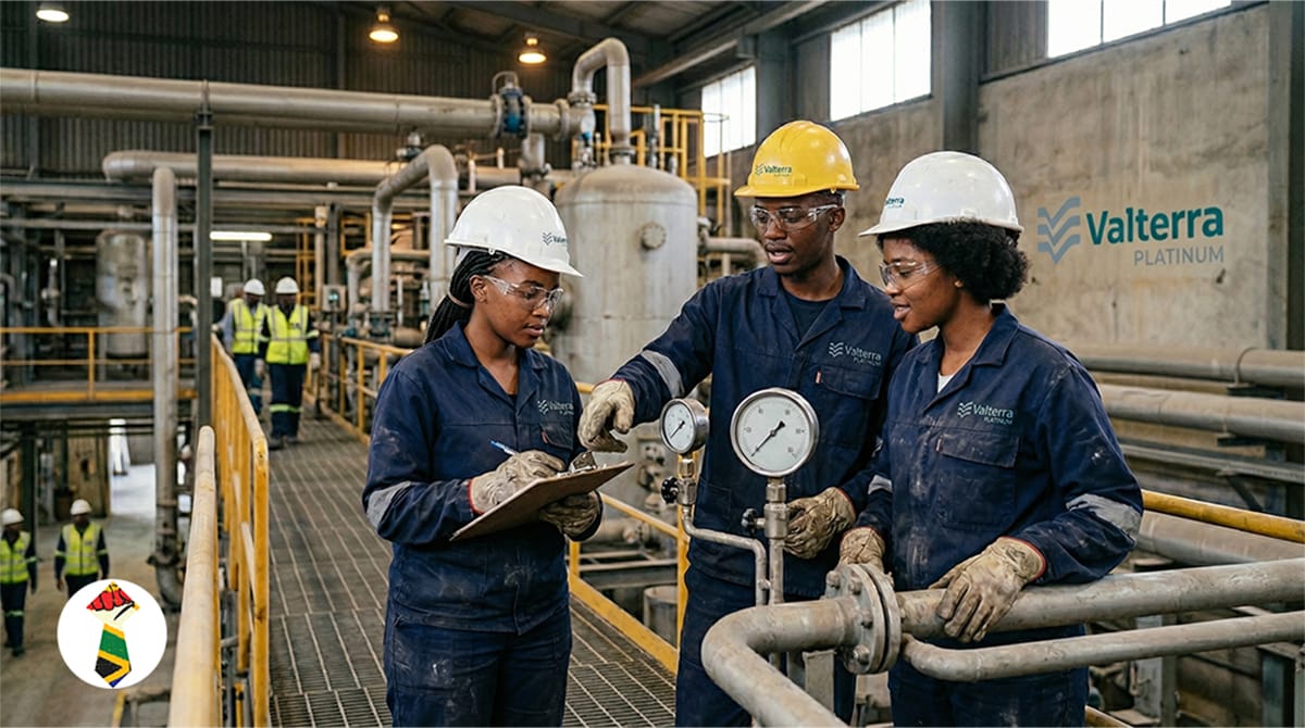 A team of three young South African process learners inspecting plant equipment at Valterra Platinum in Rustenburg.