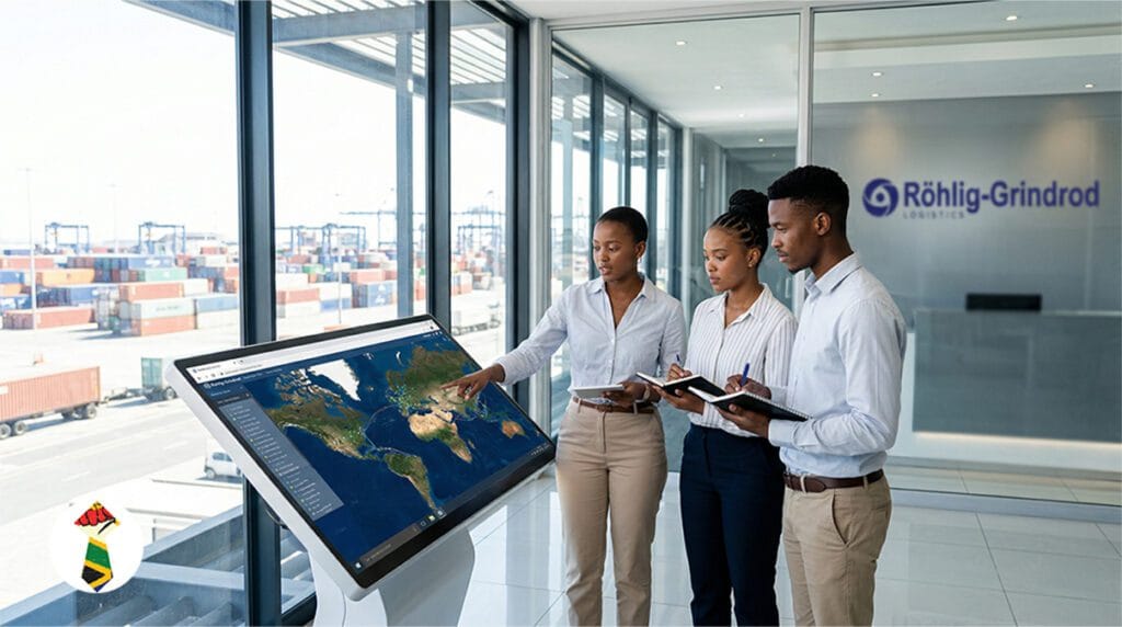 Three young South African logistics learners discussing supply chain coordination at a Rohlig-Grindrod office.